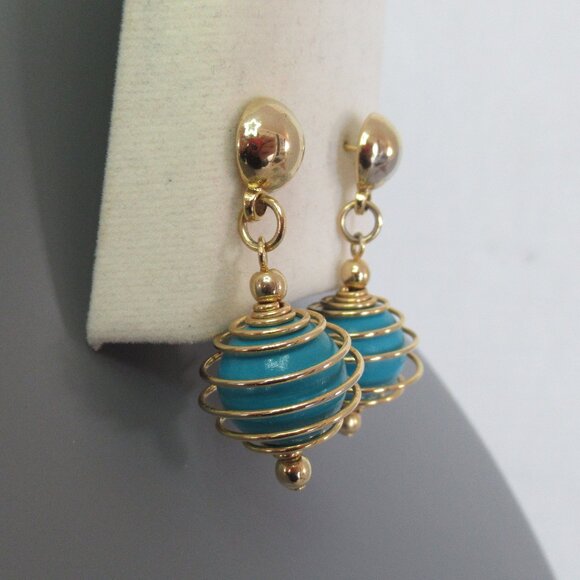 New Gold Tone Faux Turquoise Bead Dangle Pierced Earrings 1.75" Long - Picture 3 of 4